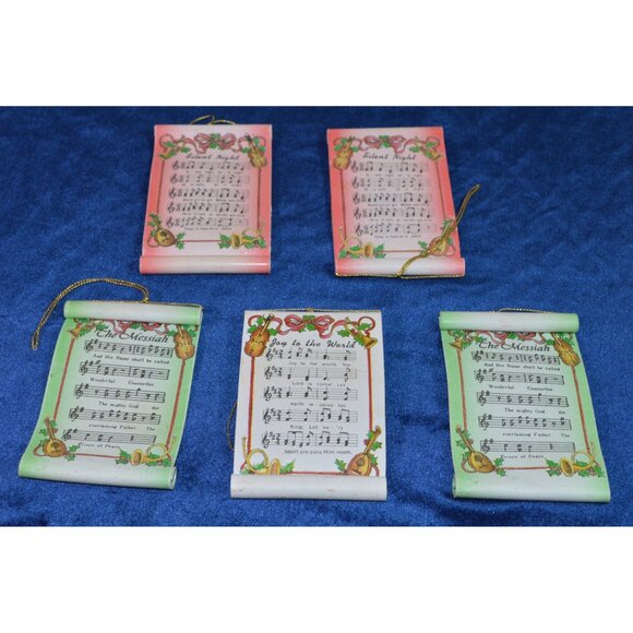 Christmas Music Sheet Scroll Ornaments Holiday Set of 5 Reversible Vintage - Picture 3 of 7